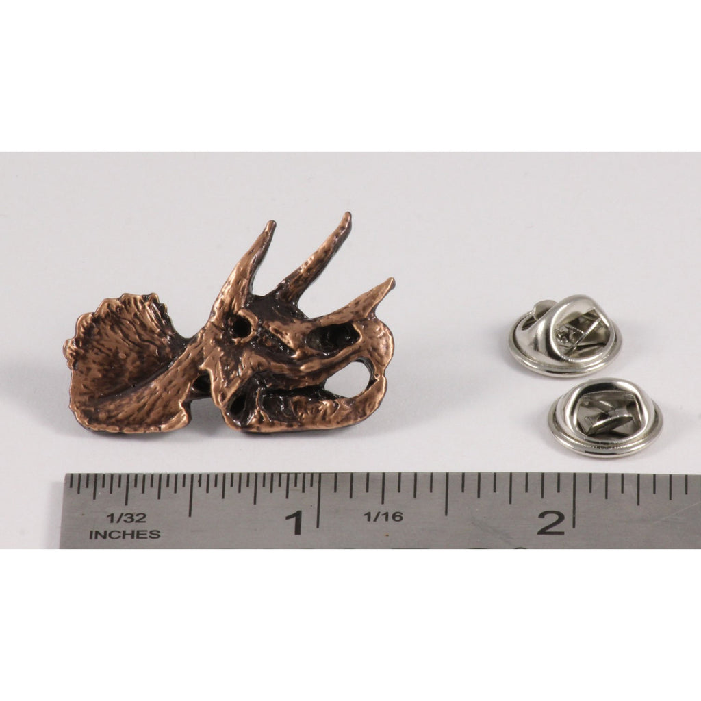 A handcrafted Triceratops Fossilized Head Pin next to a ruler, available for sale at Creativeartisan.com - the image offers a sense of scale