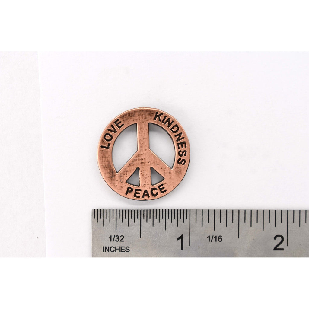 A handcrafted Peace With Peace Love Kindness Pin next to a ruler, available for sale at Creativeartisan.com - the image offers a sense of scale