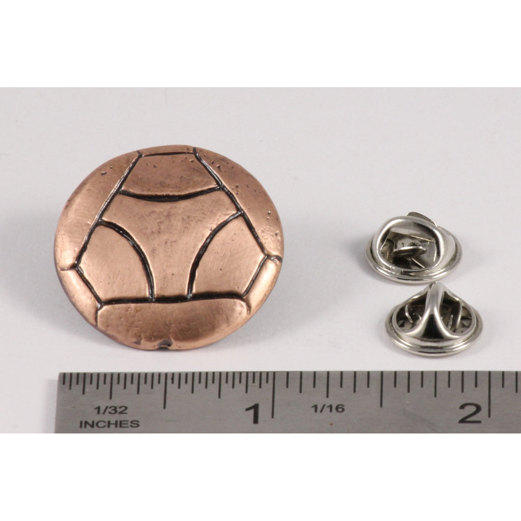 A handcrafted Soccer Ball W Y Pin next to a ruler, available for sale at Creativeartisan.com - the image offers a sense of scale