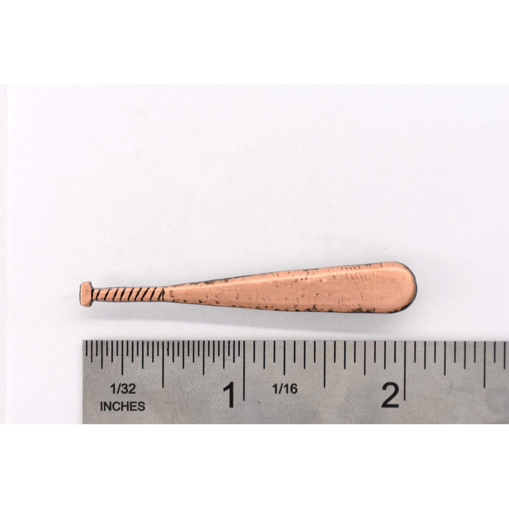 A handcrafted Baseball Bat Pin next to a ruler, available for sale at Creativeartisan.com - the image offers a sense of scale
