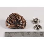 A handcrafted Baseball Glove Pin next to a ruler, available for sale at Creativeartisan.com - the image offers a sense of scale