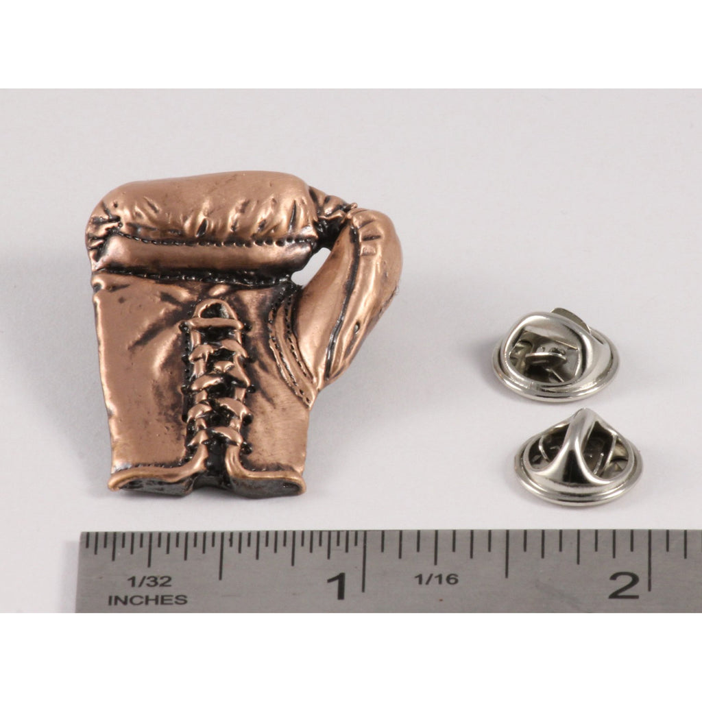 A handcrafted Boxing Glove Pin next to a ruler, available for sale at Creativeartisan.com - the image offers a sense of scale