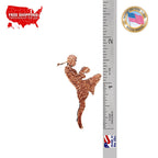 A handcrafted Muay Thai Fighter Pin next to a ruler, available for sale at Creativeartisan.com - the image offers a sense of scale