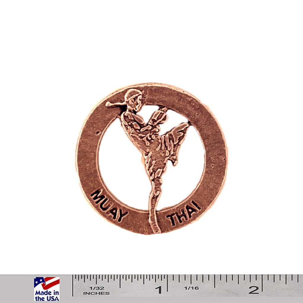 A handcrafted Muay Thai Fighter In Circle Pin next to a ruler, available for sale at Creativeartisan.com - the image offers a sense of scale