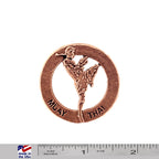 A handcrafted Muay Thai Fighter In Circle Pin next to a ruler, available for sale at Creativeartisan.com - the image offers a sense of scale