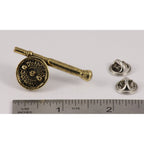 A handcrafted Saltwater Fly Rod Reel Pin next to a ruler, available for sale at Creativeartisan.com - the image offers a sense of scale