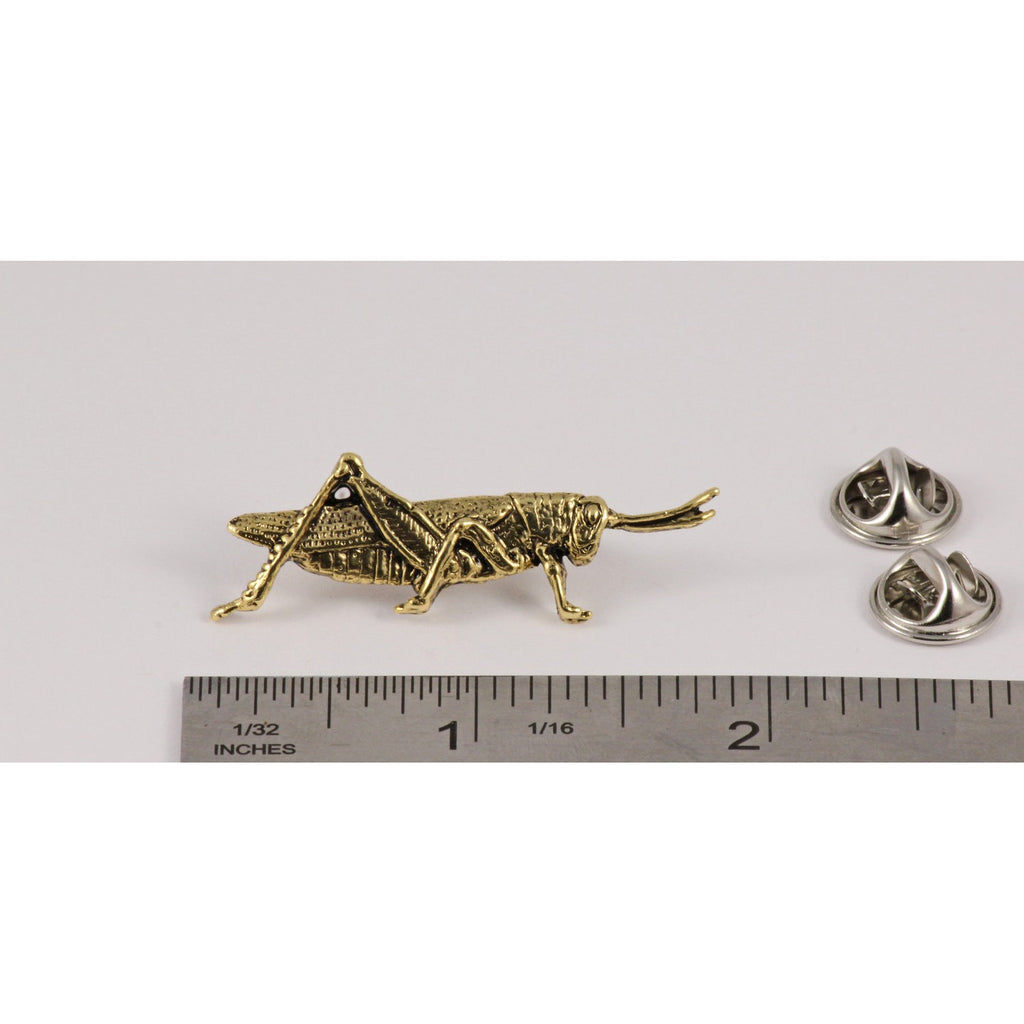 A handcrafted Grasshopper Pin next to a ruler, available for sale at Creativeartisan.com - the image offers a sense of scale