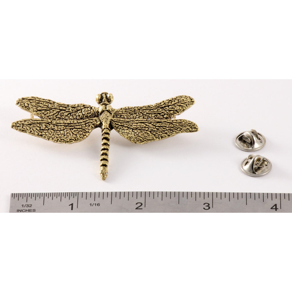 A handcrafted Dragon Fly Large Pin next to a ruler, available for sale at Creativeartisan.com - the image offers a sense of scale