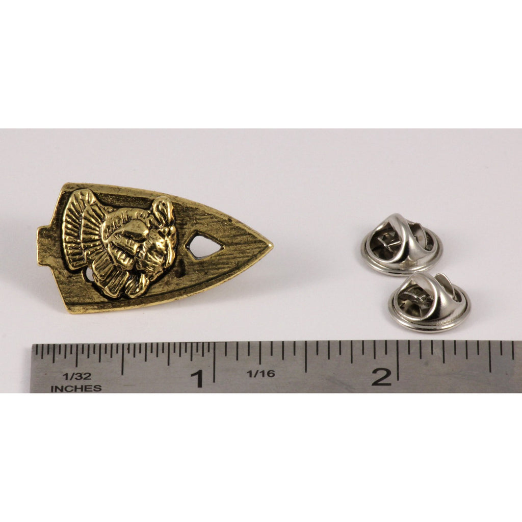 A handcrafted Broadhead With Turkey Pin next to a ruler, available for sale at Creativeartisan.com - the image offers a sense of scale