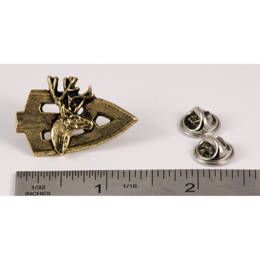 A handcrafted Broadhead With Deer Head Pin next to a ruler, available for sale at Creativeartisan.com - the image offers a sense of scale