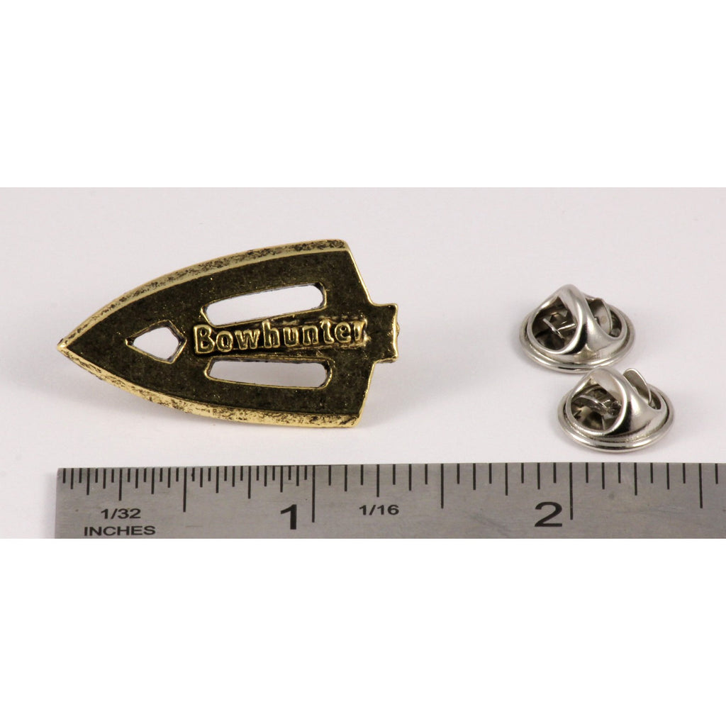 A handcrafted Broadhead Bowhunter Pin next to a ruler, available for sale at Creativeartisan.com - the image offers a sense of scale
