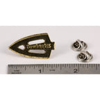 A handcrafted Broadhead Bowhunter Pin next to a ruler, available for sale at Creativeartisan.com - the image offers a sense of scale