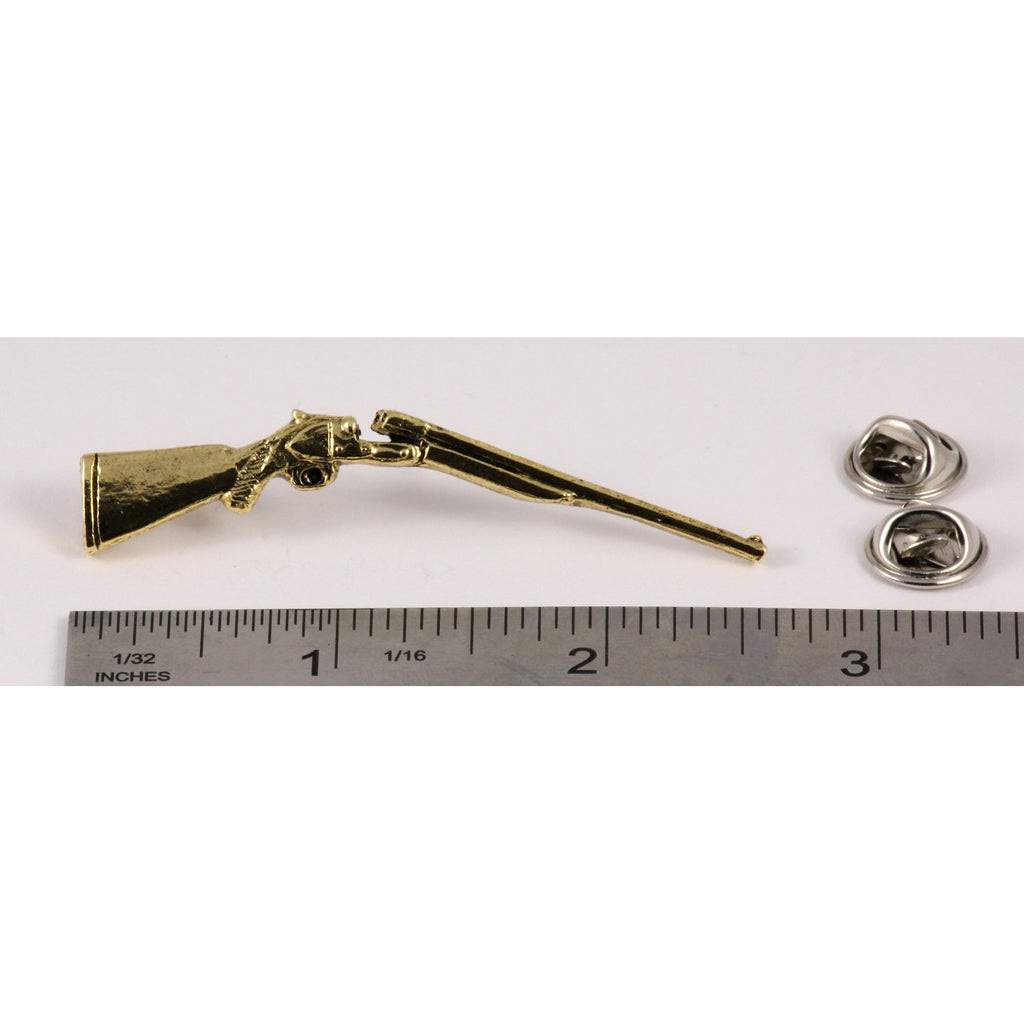 A handcrafted Side By Side Shotgun Pin next to a ruler, available for sale at Creativeartisan.com - the image offers a sense of scale