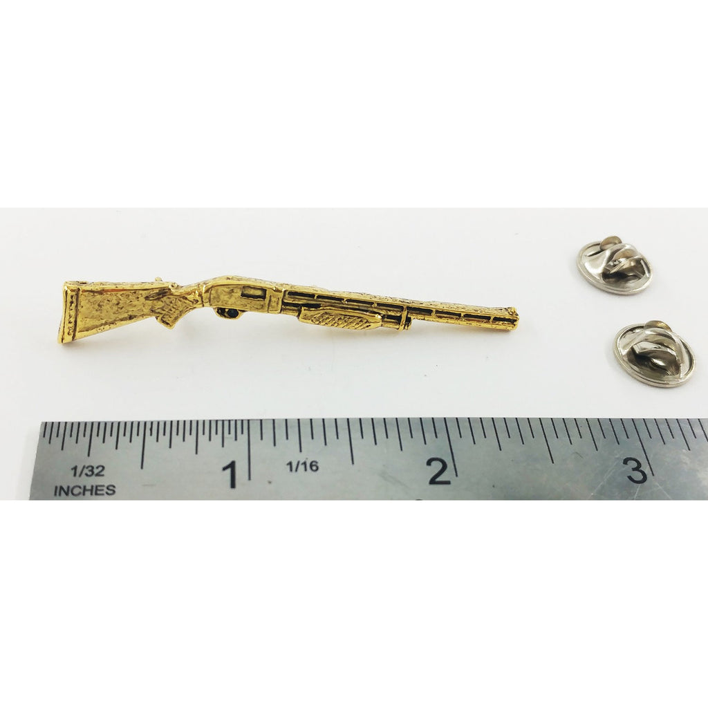 A handcrafted Pump Shotgun Pin next to a ruler, available for sale at Creativeartisan.com - the image offers a sense of scale
