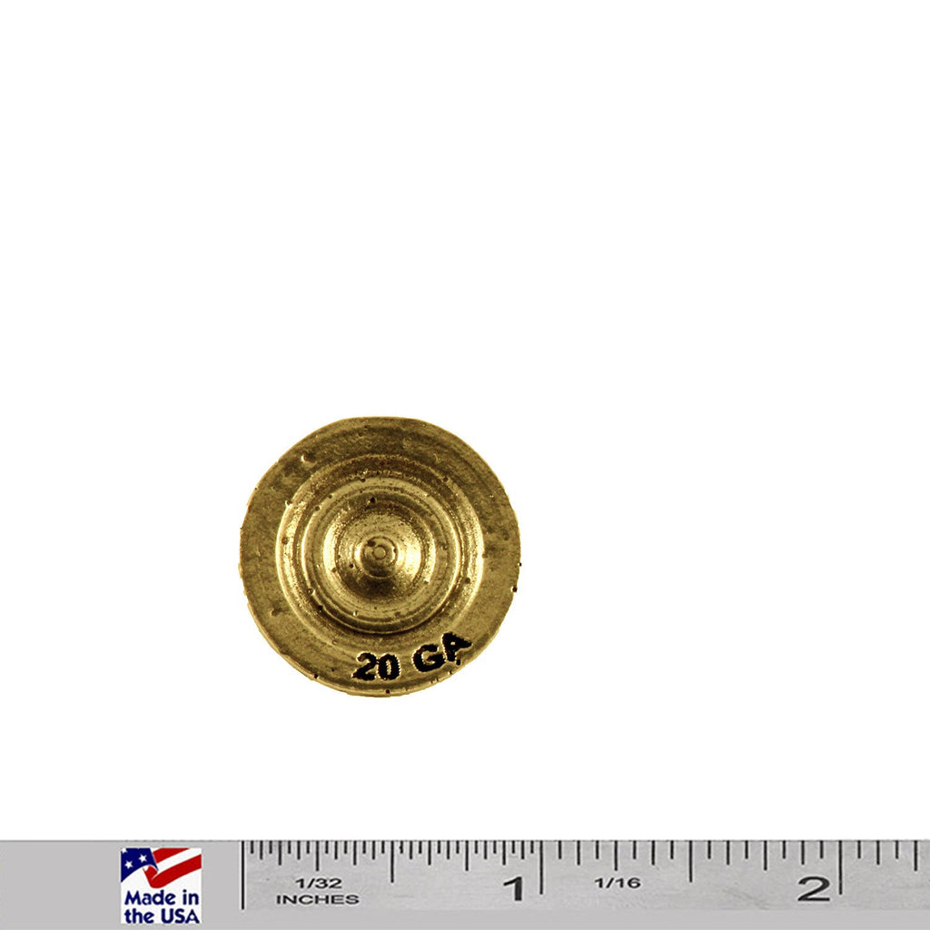 A handcrafted Shotgun Shell Brass 20 Gage Pin next to a ruler, available for sale at Creativeartisan.com - the image offers a sense of scale