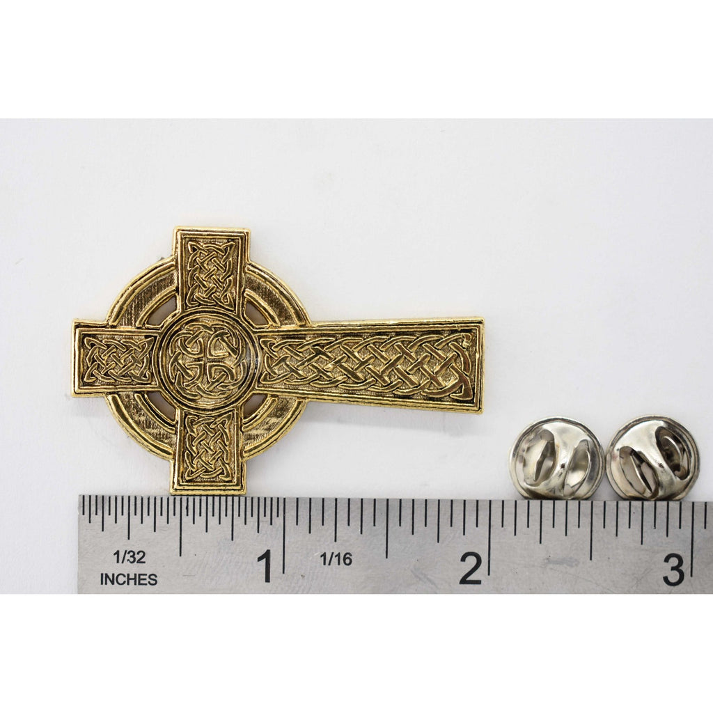 A handcrafted Celtic Cross New Pin next to a ruler, available for sale at Creativeartisan.com - the image offers a sense of scale