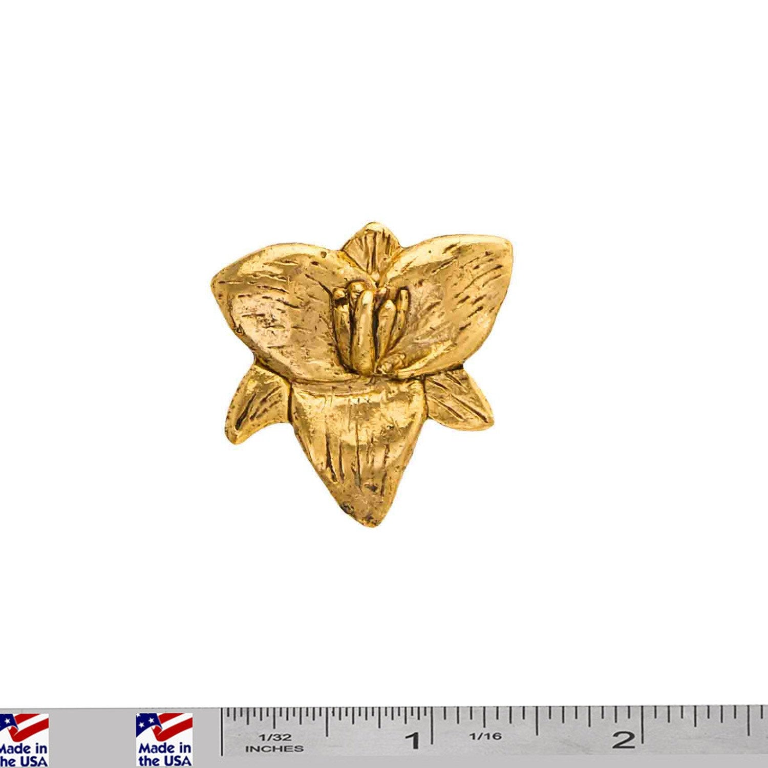 A handcrafted Trillium Flower Pin next to a ruler, available for sale at Creativeartisan.com - the image offers a sense of scale