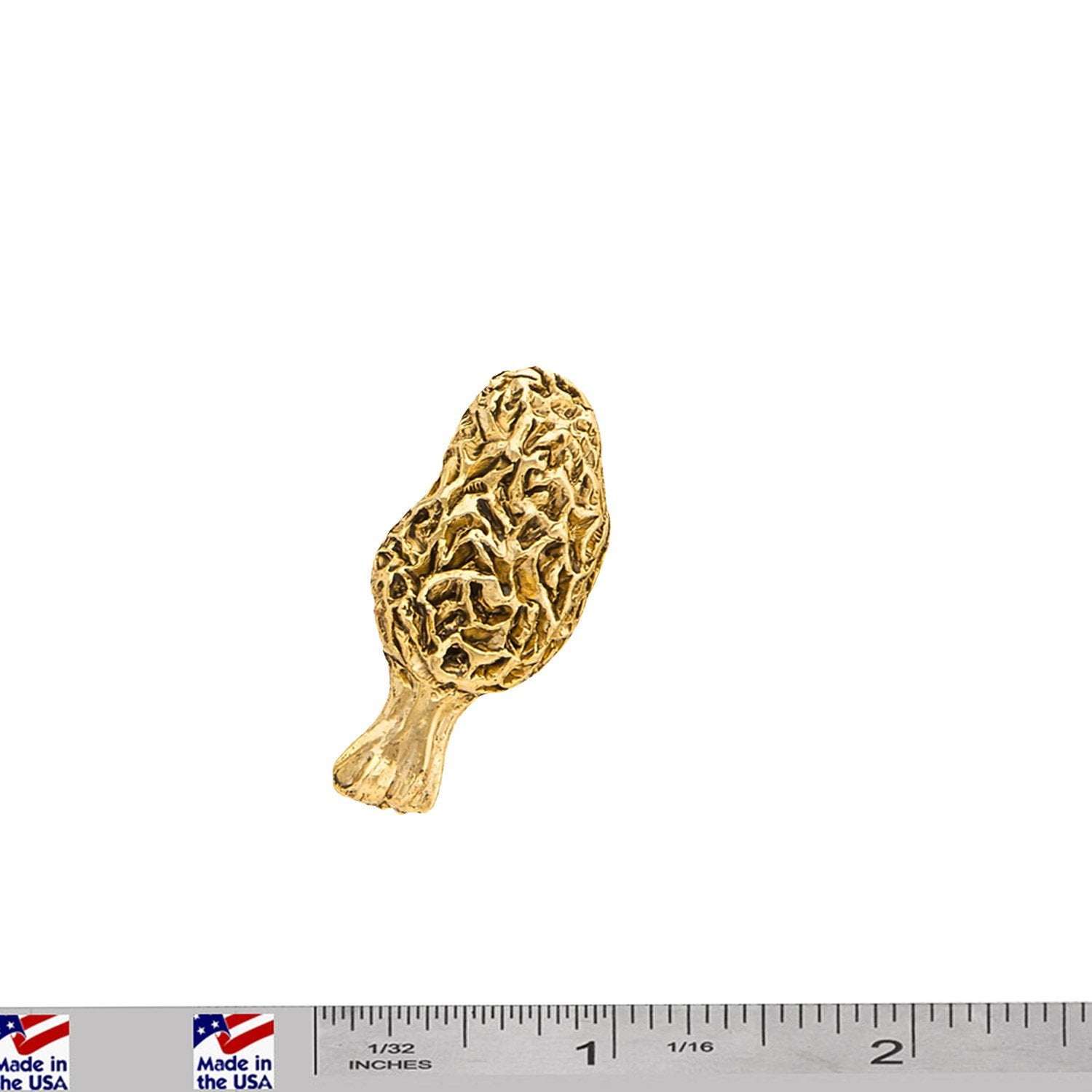 A handcrafted Morel Mushroom Pin next to a ruler, available for sale at Creativeartisan.com - the image offers a sense of scale