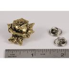 A handcrafted Rose Flower Pin next to a ruler, available for sale at Creativeartisan.com - the image offers a sense of scale