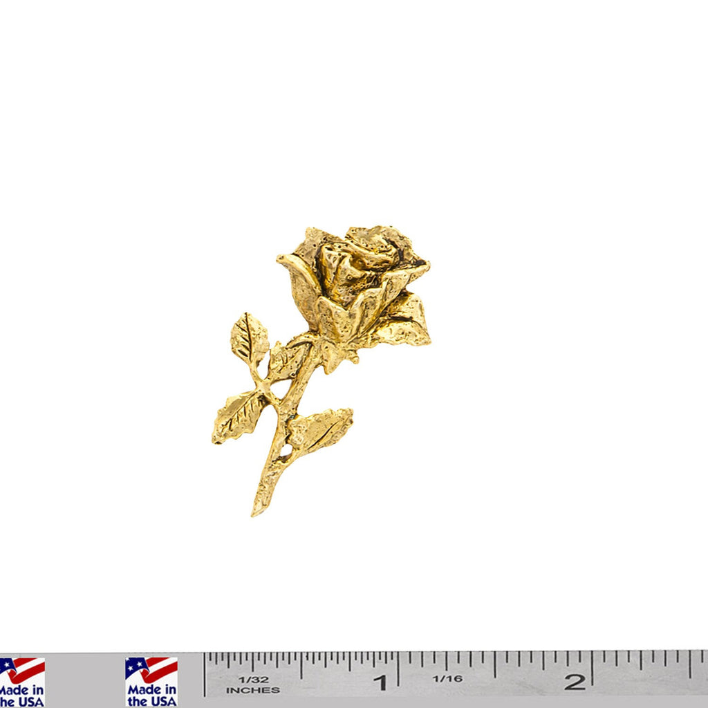A handcrafted Rose With Stem Pin next to a ruler, available for sale at Creativeartisan.com - the image offers a sense of scale