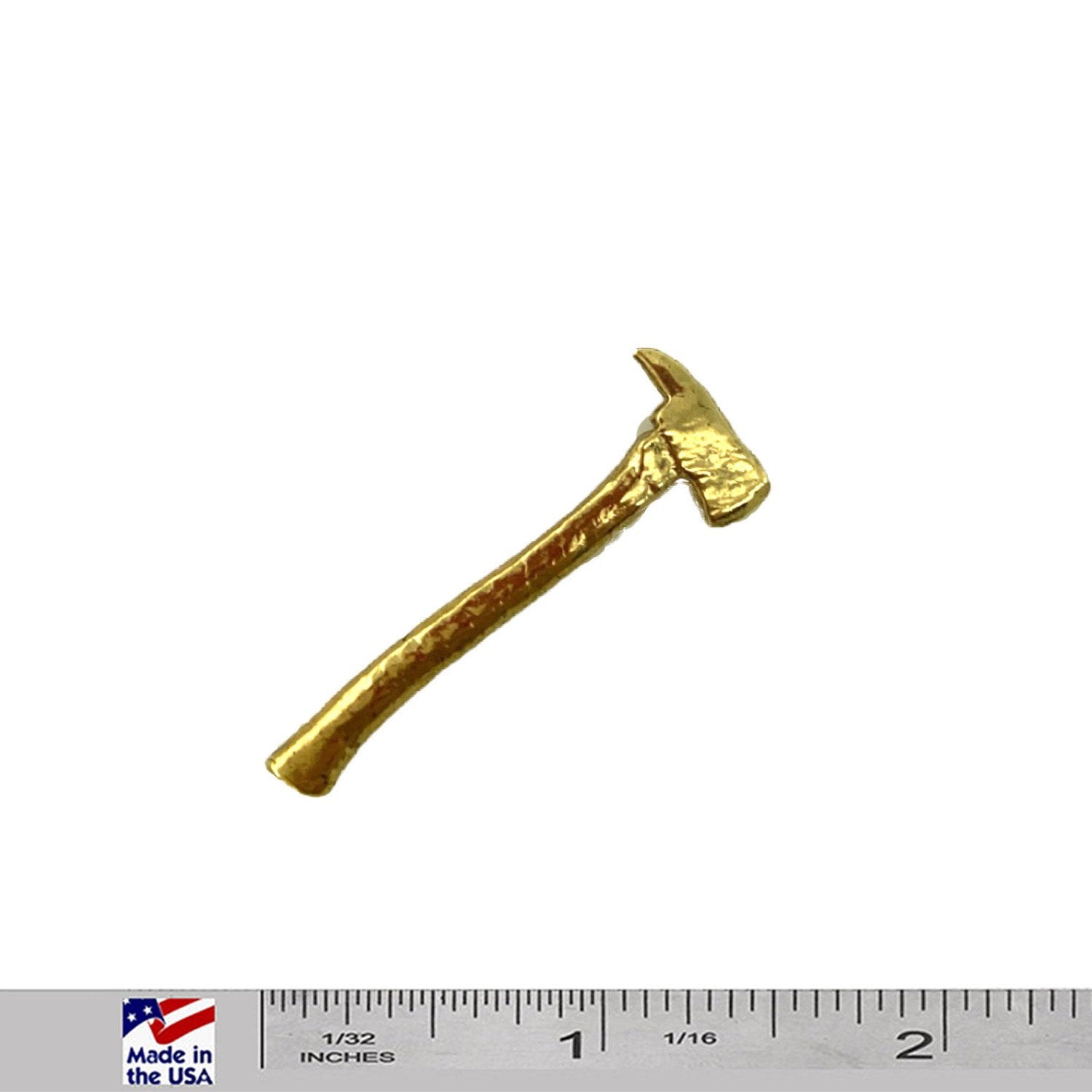 A handcrafted Firemans Axe Small Pin next to a ruler, available for sale at Creativeartisan.com - the image offers a sense of scale