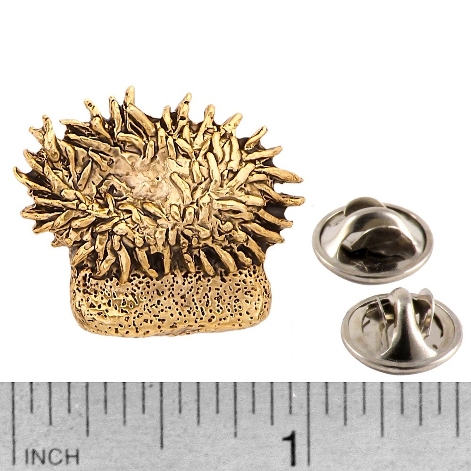 A handcrafted Sea Anemone Pin next to a ruler, available for sale at Creativeartisan.com - the image offers a sense of scale