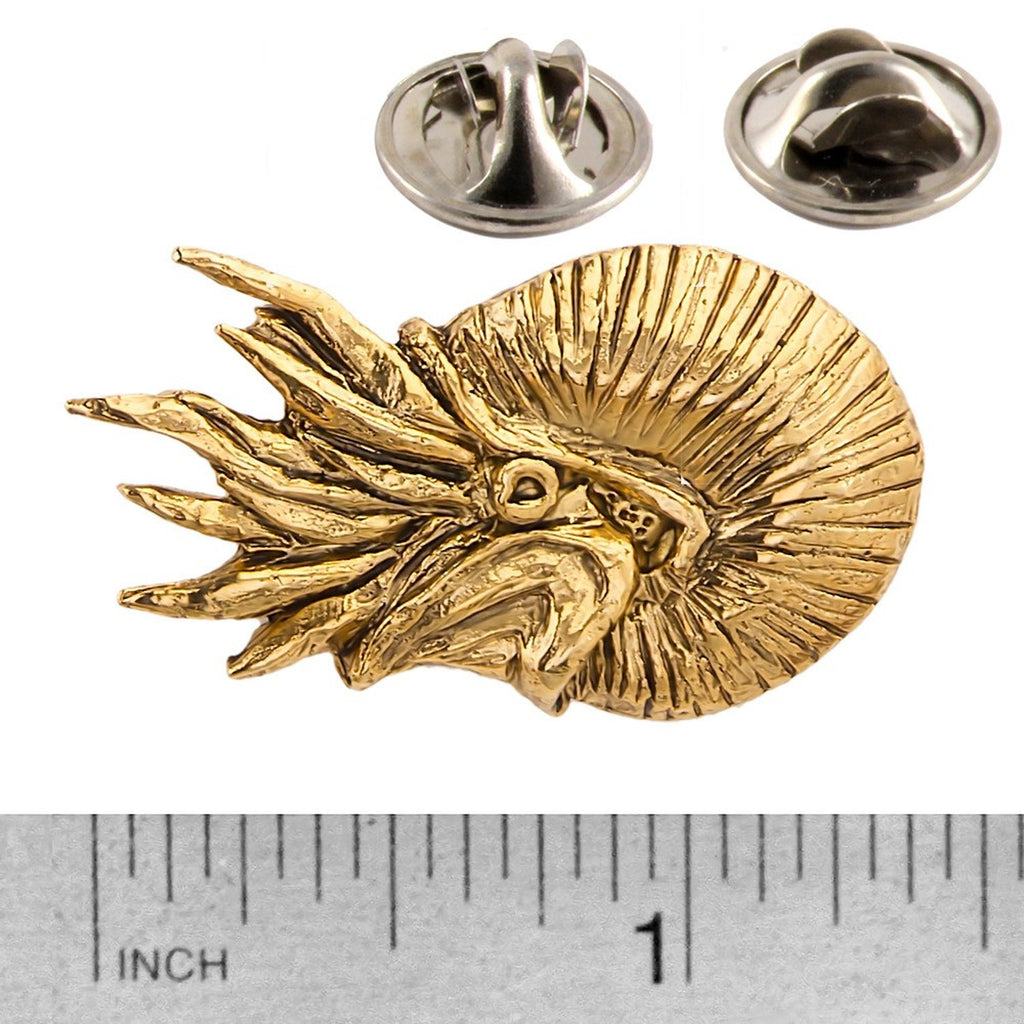A handcrafted Nautilus Pin next to a ruler, available for sale at Creativeartisan.com - the image offers a sense of scale