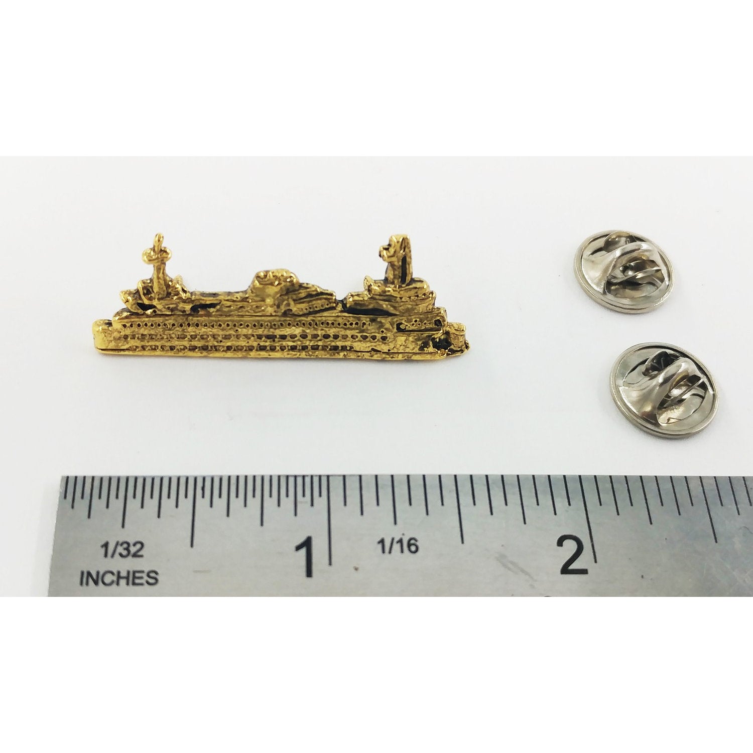 A handcrafted Washington State Ferry Boat Pin next to a ruler, available for sale at Creativeartisan.com - the image offers a sense of scale