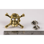 A handcrafted Pirate Skull Crossbones Pin next to a ruler, available for sale at Creativeartisan.com - the image offers a sense of scale