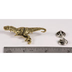 A handcrafted Tyrannosaurus Rex Pin next to a ruler, available for sale at Creativeartisan.com - the image offers a sense of scale