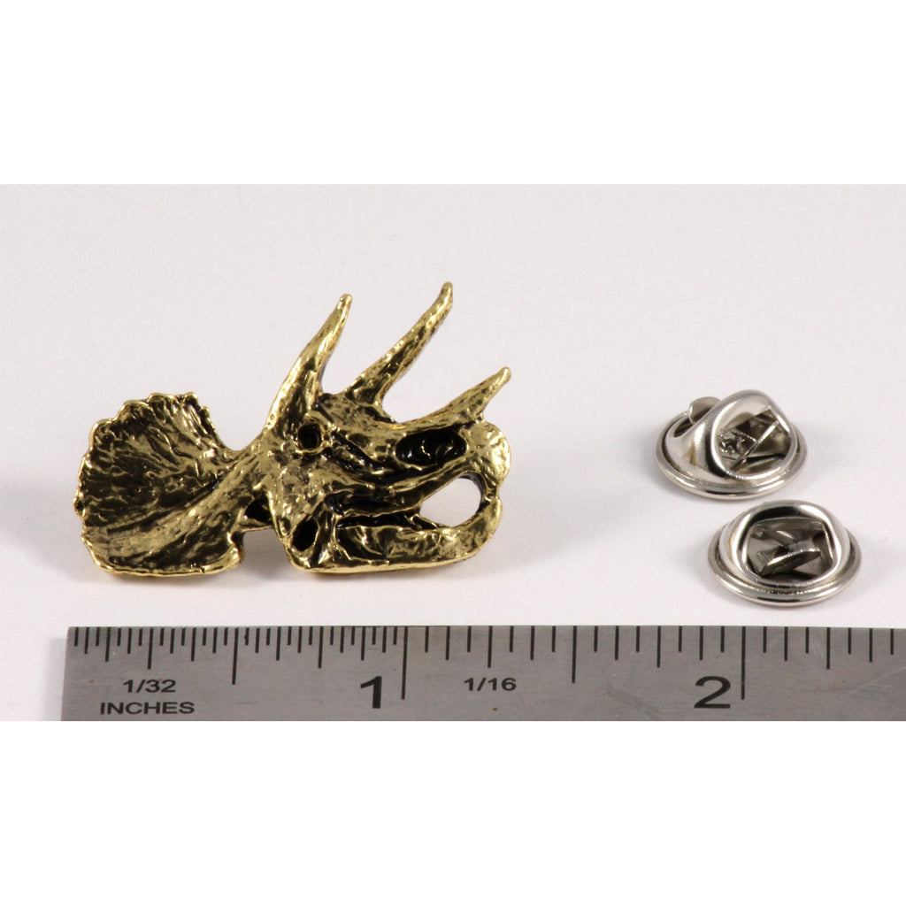 A handcrafted Triceratops Fossilized Head Pin next to a ruler, available for sale at Creativeartisan.com - the image offers a sense of scale