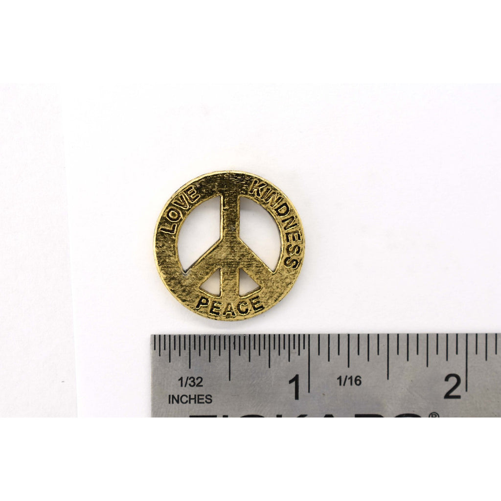 A handcrafted Peace With Peace Love Kindness Pin next to a ruler, available for sale at Creativeartisan.com - the image offers a sense of scale