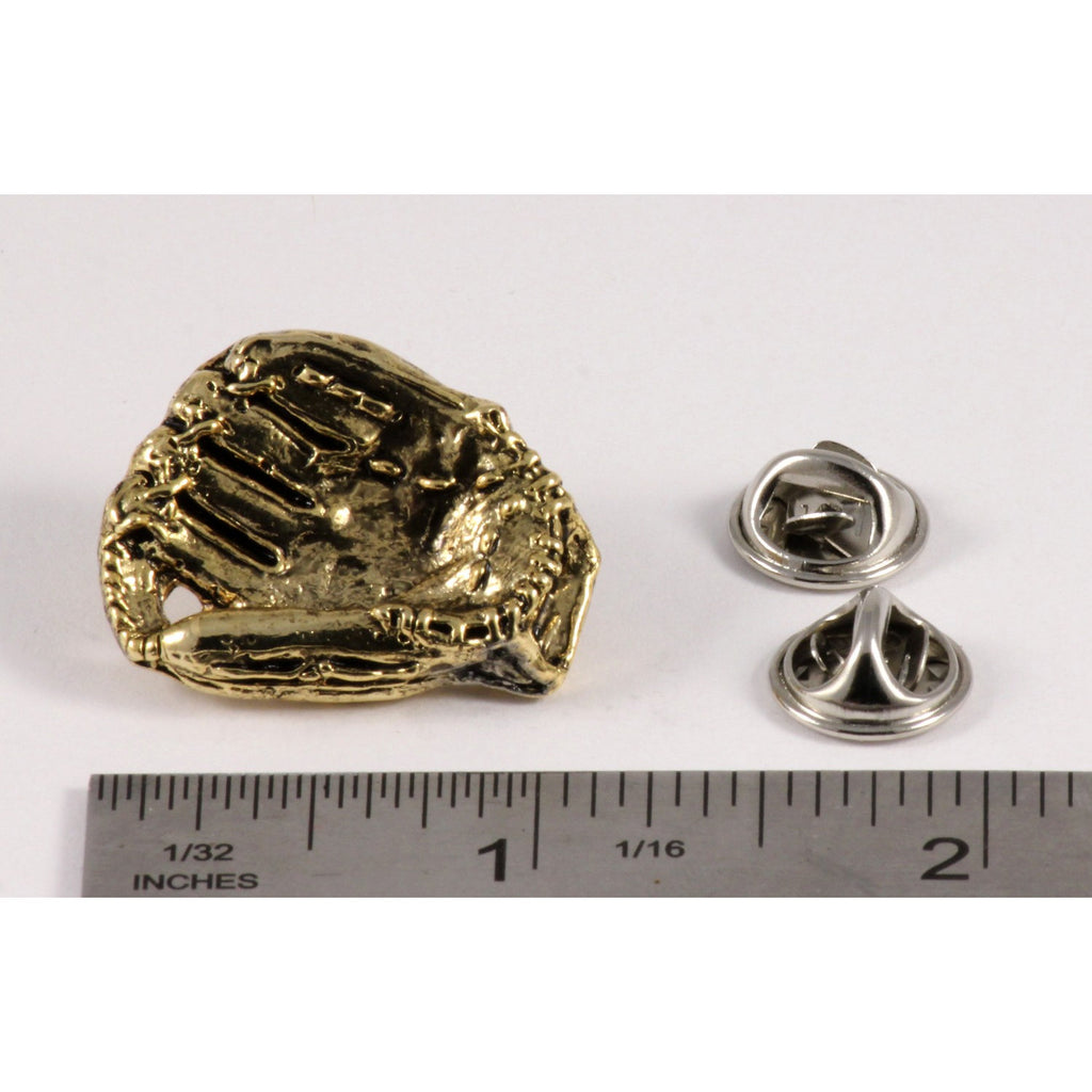 A handcrafted Baseball Glove Pin next to a ruler, available for sale at Creativeartisan.com - the image offers a sense of scale