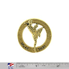 A handcrafted Muay Thai Fighter In Circle Pin next to a ruler, available for sale at Creativeartisan.com - the image offers a sense of scale