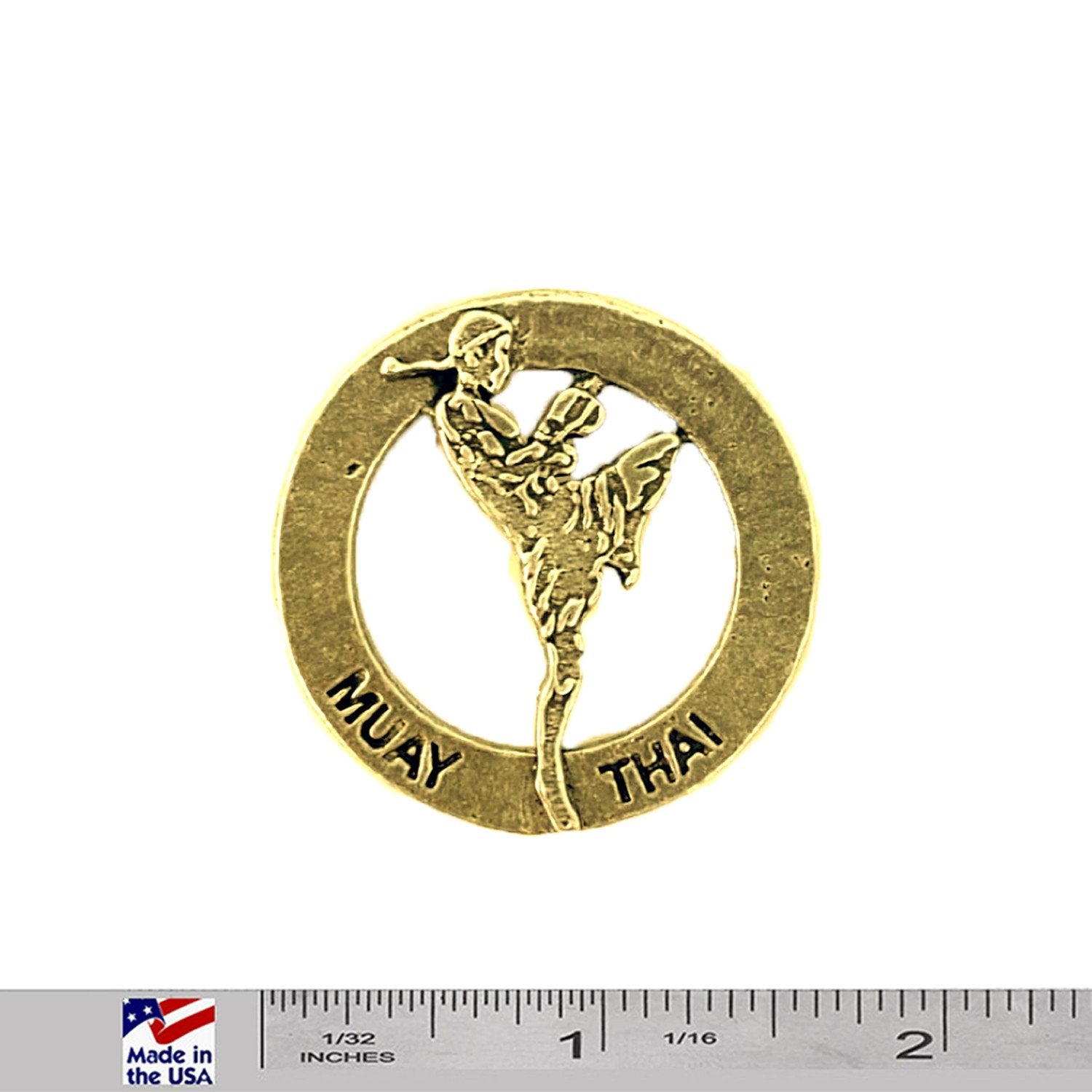 A handcrafted Muay Thai Fighter In Circle Pin next to a ruler, available for sale at Creativeartisan.com - the image offers a sense of scale