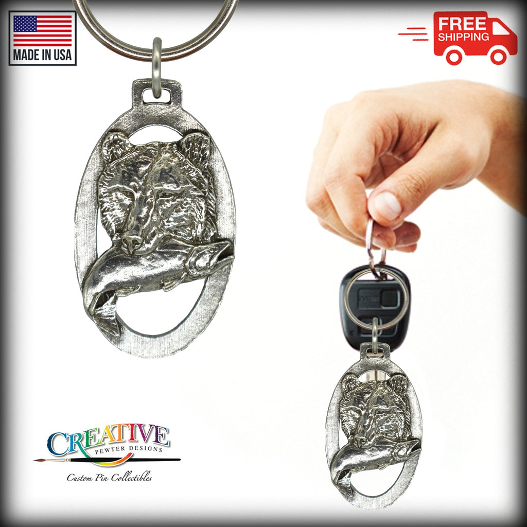 Grizzly Bear Head with Salmon Keychain M037KC